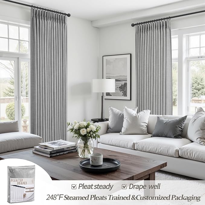 PleatedDrapes Light Grey Dual Layer Linen 92 Inch Office Curtains 2 Panels Set - Image 6