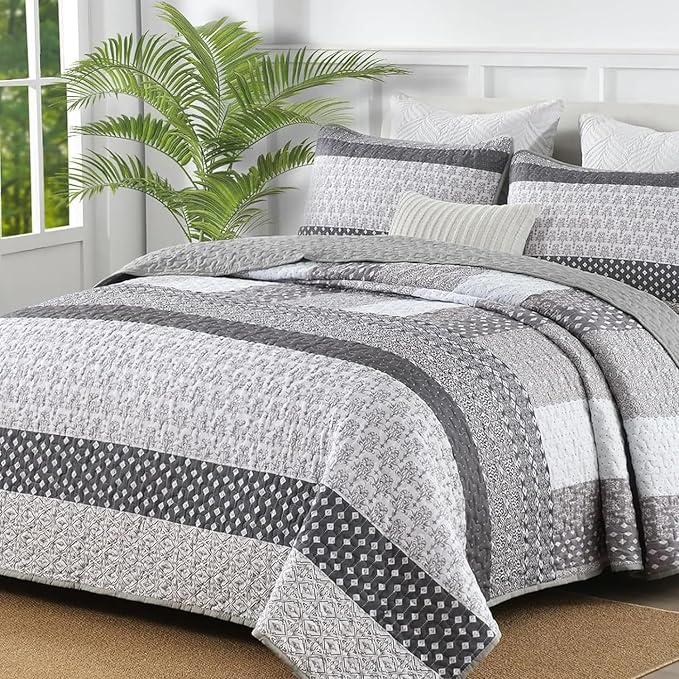 WONGS BEDDING Grey Full Size Quilt Set, Bohemian Striped Bedspreads | by WONGSBEDDING