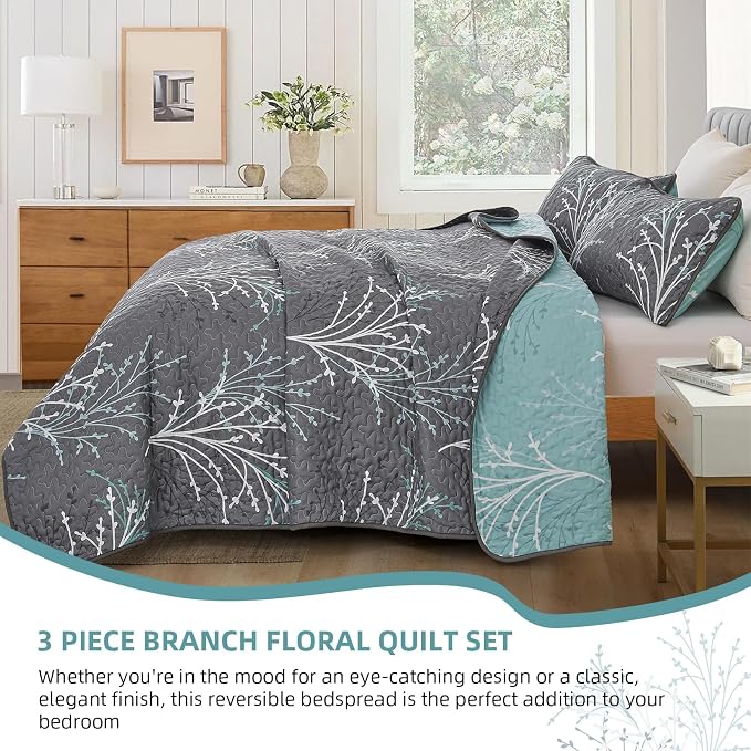 California King Size Quilt Set Grey Blue Reversible Bedspread Bedding Set | 3 - Image 3