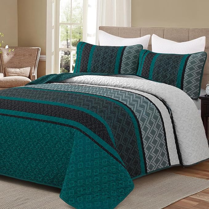 Dinjoy Quilts King Size, Striped Bedspread Bedding Sets, Dark Green | 3 Pieces by DINJOY