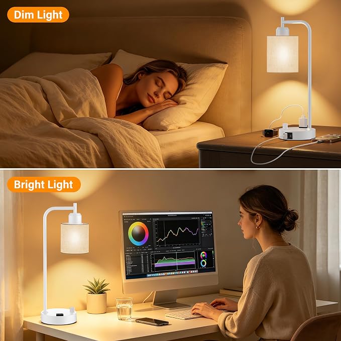 Industrial Table Lamps with Linen Shade, 2 LED Bulbs Included - Image 7