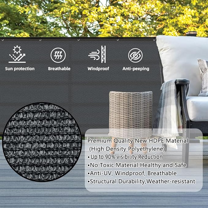 3'x7' Dark Grey Balcony Privacy Screen Fence Windscreen 90% UV Block | 90% - Image 2