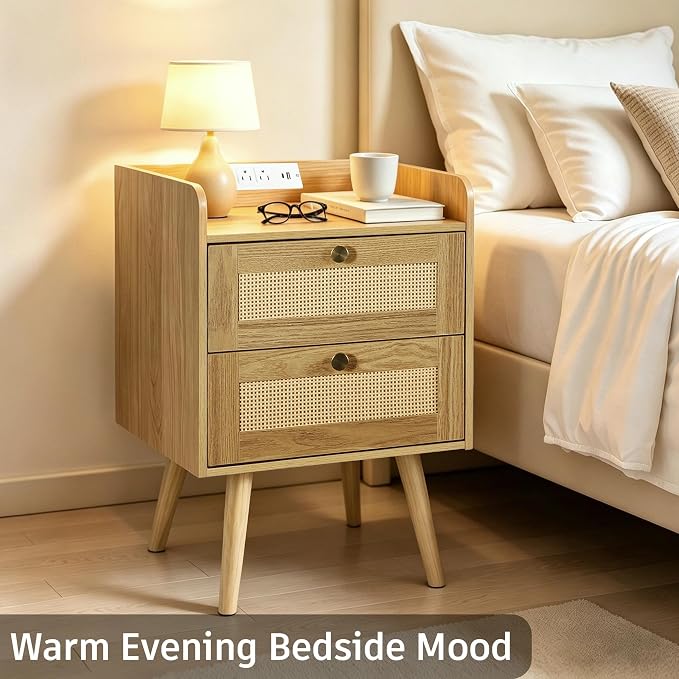 Rattan Nightstand with Charging Station, Bedside Table with 2 Drawers | Night - Image 5