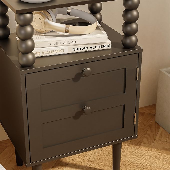 Nightstand with Storage Drawer and Open Wood Shelf, Solid Wood Legs | - Image 7
