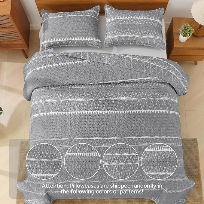 Oversized King Quilt Set Grey, 3 Pieces Boho Striped Bedspread | Soft - Image 6