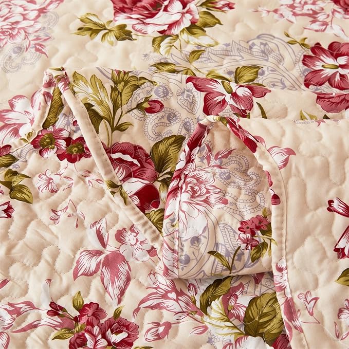 Cmfshape Summer Floral King Quilted Bedspread, Romantic Red Quilt Set, - Image 6