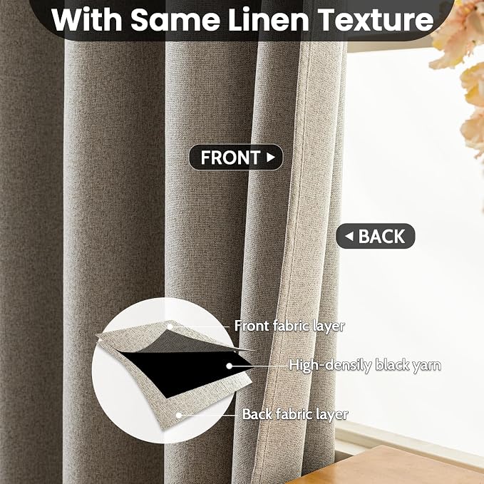COSVIYA 100% Blackout Natural Linen Curtains & Drapes 63 Inch Length | Light - Image 4