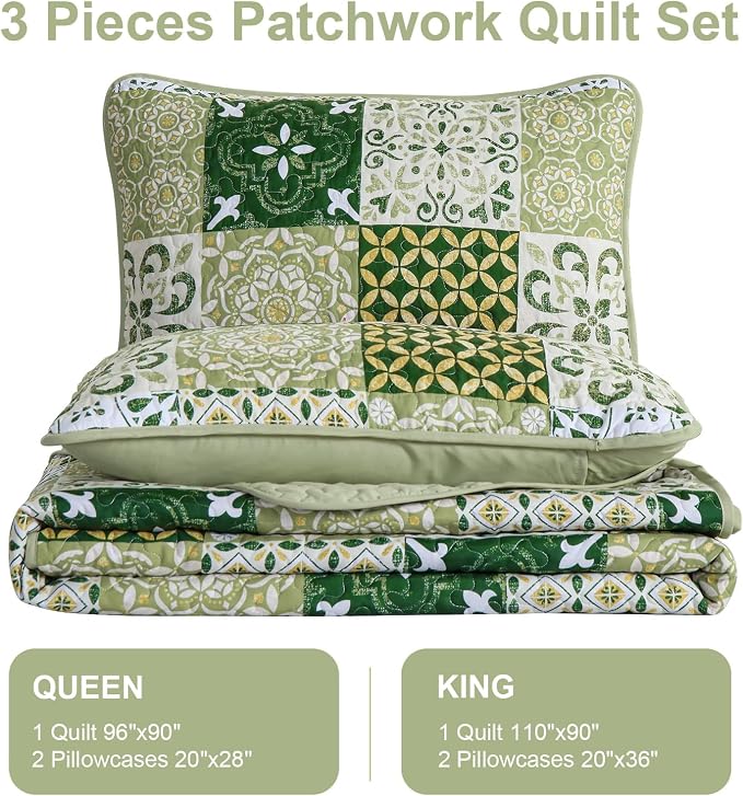 Dobuyly Green Quilt Set King Size, Boho Sage Green Plaid Patchwork Bedspreads - Image 7