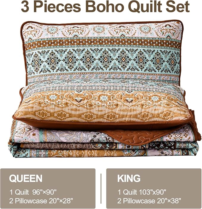 WONGS BEDDING Boho Quilts Queen Size, 3 Pieces Bedspread Bedding Set, - Image 6