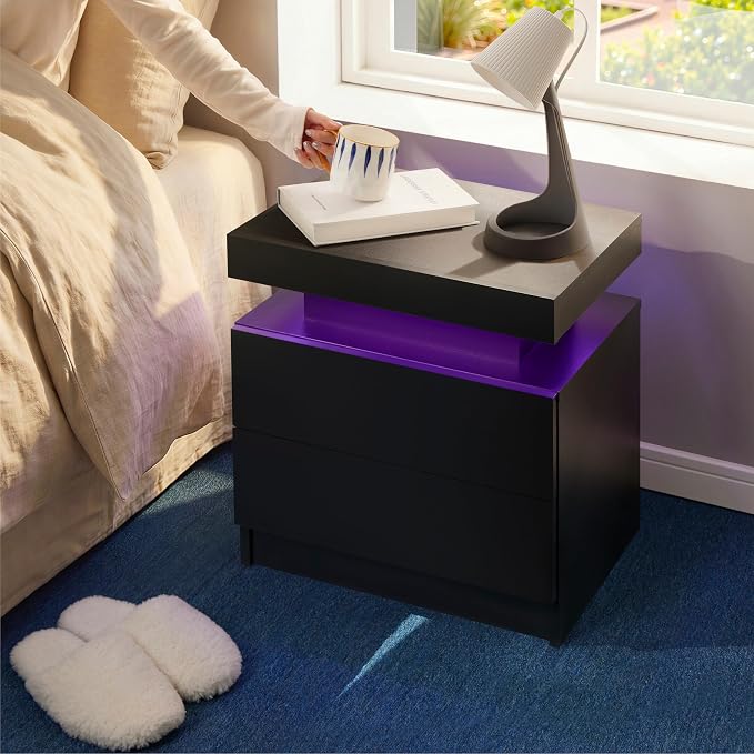 LED Nightstand with Wood 2 Drawers Modern Bedside Table - Image 5