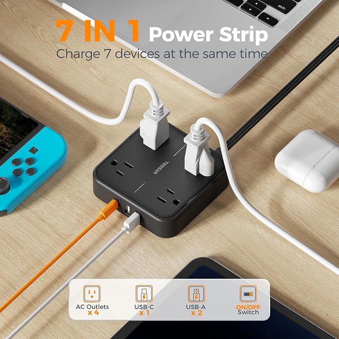 TESSAN Surge Protector Flat Extension Cord 5Ft, Flat Plug Power Strip | 4 - Image 4