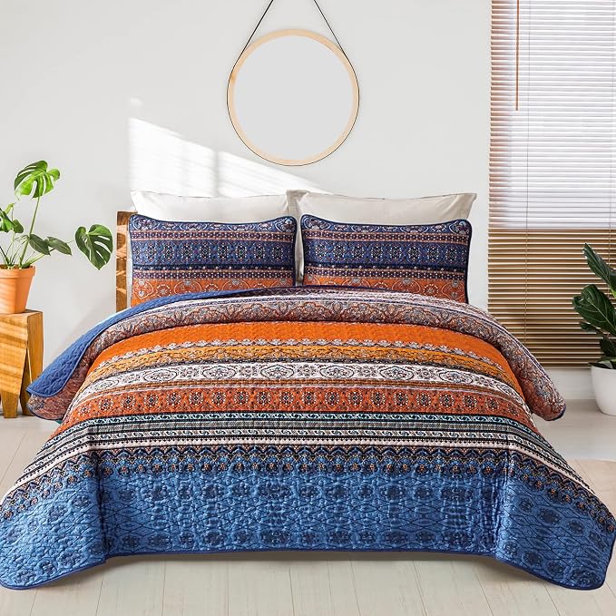 WONGS BEDDING Boho King Quilt Bedding Set, 3 Pieces Bedspread, Breathable by WONGSBEDDING