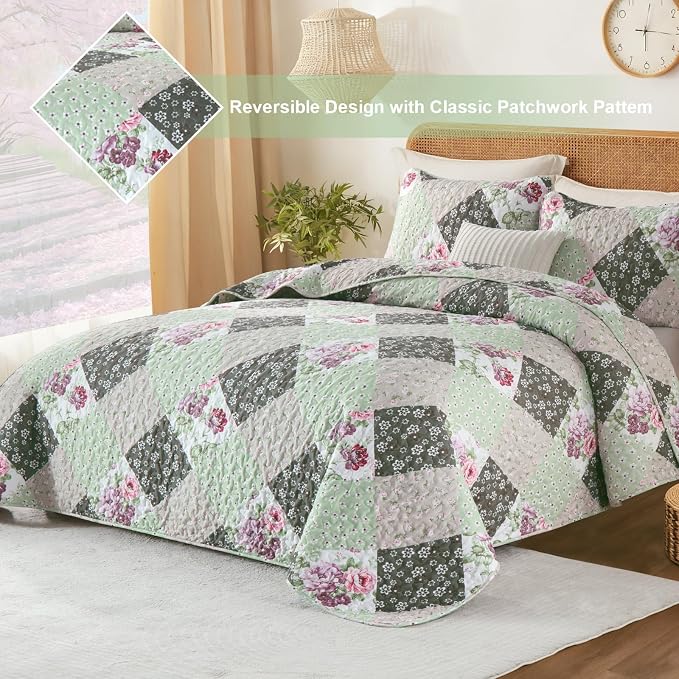 Dinjoy Boho Quilt Set Queen Size, Patchwork Floral Bedspreads, Reversible - Image 2