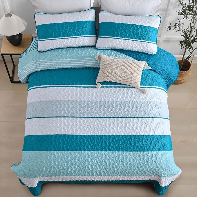 Dinjoy Queen Boho Striped Quilt Set, Teal Lightweight Bedspread Bedding | Soft - Image 2