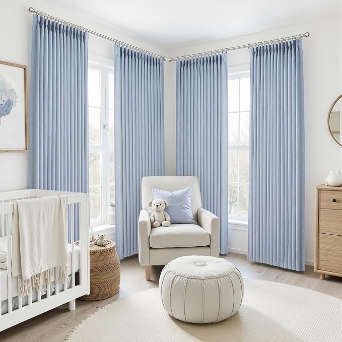 Light Blue Pinch Pleated Two Layer Thick Linen Curtains 90 Inches Long - Image 7