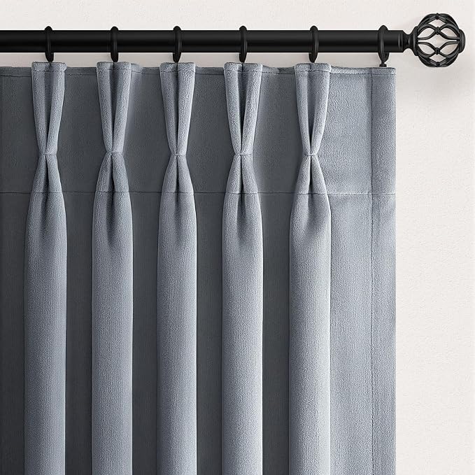 Stone Blue Velvet Pleated Curtains 102 Inches Long Light Blocking Room by Unknown