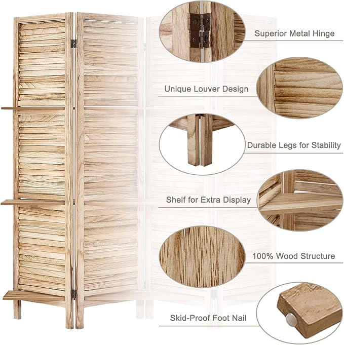 Room Divider with Shelves, 4 Panel Natural Privacy Screen | Partition Room - Image 3