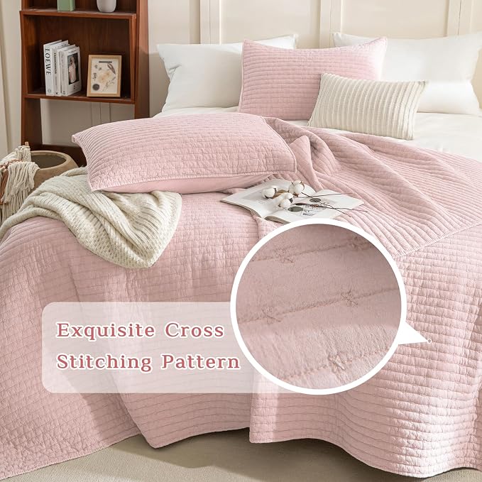 CozyTide Stone-Washed Cotton King Quilt, Blush Pink Stitching Pattern King Size - Image 3