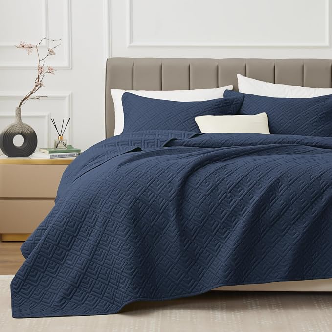 EXQ Home Quilt Set Queen Size Summer Squares Pattern Navy Bedspread | Bedding by EXQHomeTexitleCoLtd