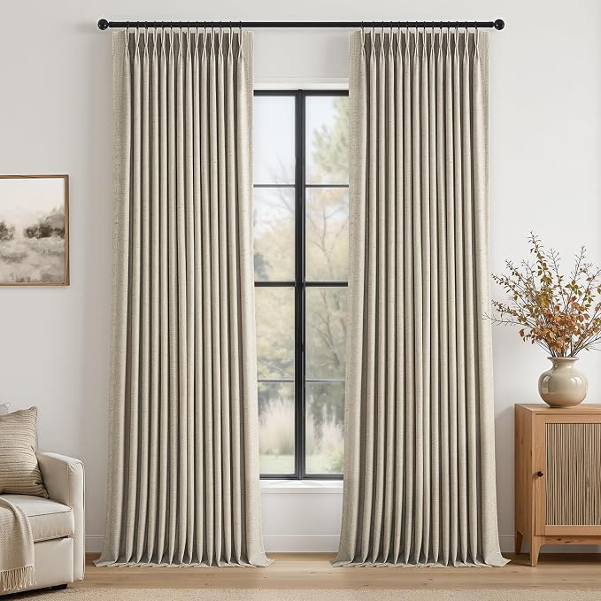 Pinch Pleated Full Blackout Linen Curtains 120 Inch by Topfinel