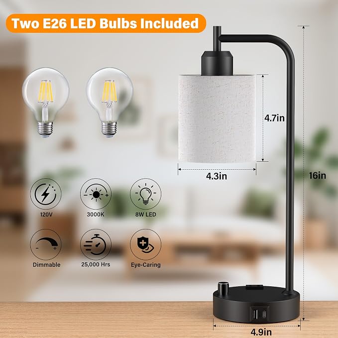 Industrial Table Lamps with Linen Shade, 2 LED Bulbs Included - Image 3
