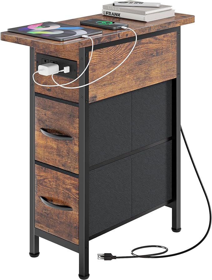 Huuger Narrow End Table with Charging Station, Side Table with 2 Drawers | Slim by Huuger