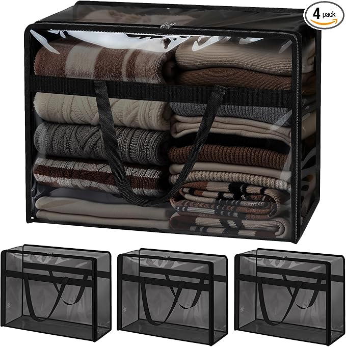Blanket Storage Bags 4 Pack 60L Clothes Comforter Bedding Container Black | by SGHUO