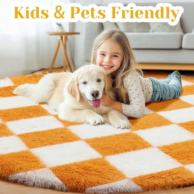 KICMOR Round Rugs 5ft Orange and Cream White Circle Area Rug, Fluffy Soft Fuzzy - Image 4
