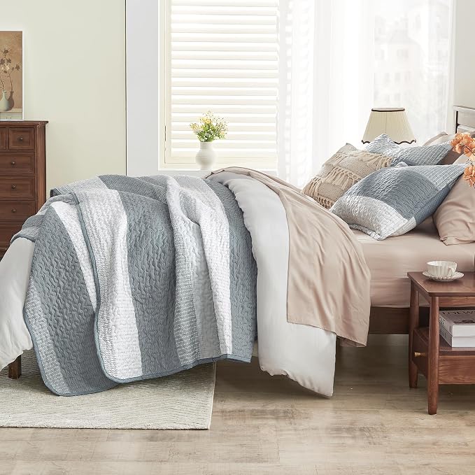 Queen Quilt Set Grey, 3 Pieces Striped Bedspread | Ultra Soft Summer - Image 3