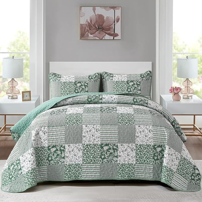 Mybedsoul Green Quilt Set Full Size, Patchwork Reversible Bedding Set | Soft by Mybedsoul