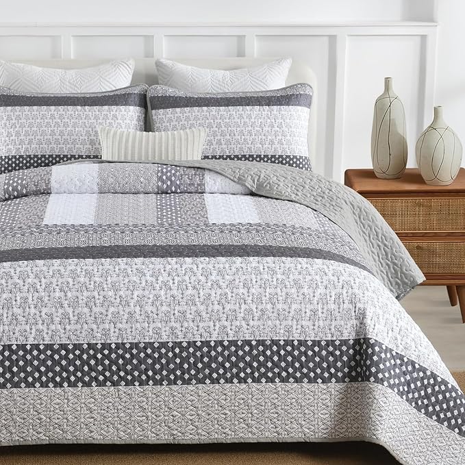WONGS BEDDING Grey Full Size Quilt Set, Bohemian Striped Bedspreads | - Image 9
