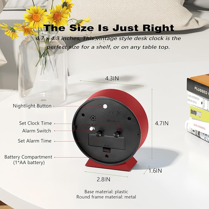 AYRELY® 4.5" Analog Alarm Clock, Small Retro Desk Clock and Table Clock | - Image 7