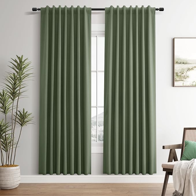 Olive Green Linen 100% Blackout Curtains by Guken