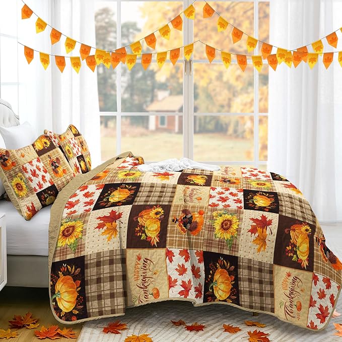 Fall Patchwork Quilt Set King, 3 Pieces Thanksgiving Bedding Set Brown | - Image 4