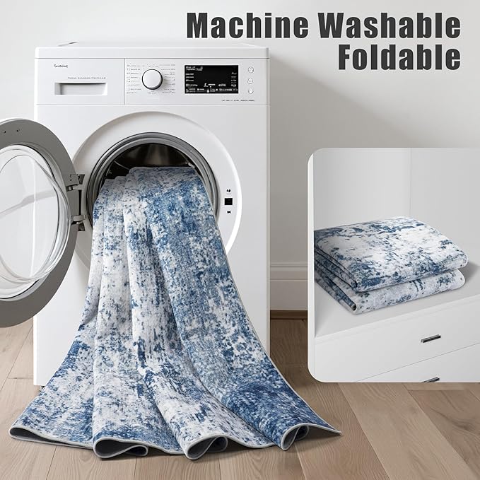 3x14 Washable Runner Rug：Modern Abstract Kitchen Soft Carpet Blue | - Image 5