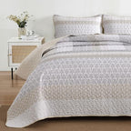 WONGS BEDDING Beige Quilt King Size, 3 Pieces Boho Stripe Bedspread | Patchwork - Image 3