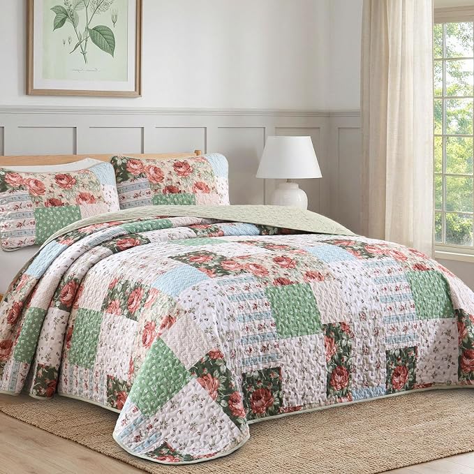 Anibedding Floral Patchwork Quilt Set King Size, Soft Lighweight Farmhouse - Image 2