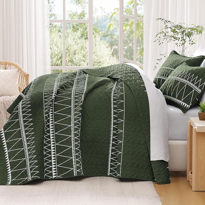 Green California King Quilt Set, 3 Pieces Boho Striped Bedspread | Soft - Image 7