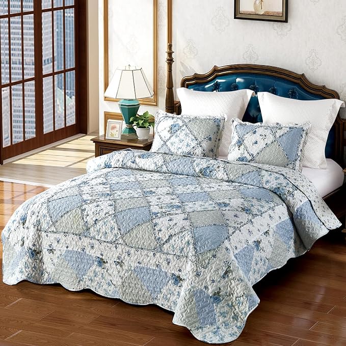 Oversized King Quilt Set Blue Floral Patchwork Alaska King Bedspreads Set | by VIVILINEN