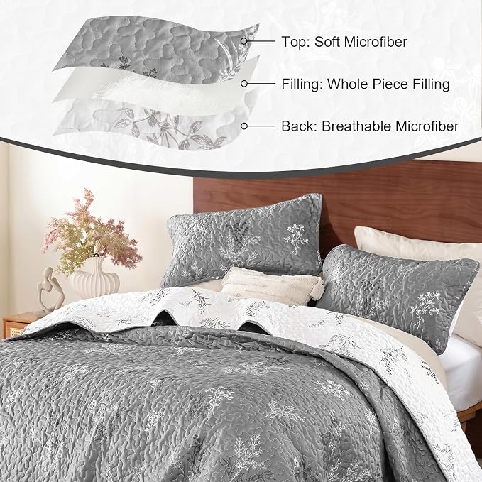 DJY King Size Grey Botanical Quilt Set, Floral Bedspread Coverlet | Lightweight - Image 4