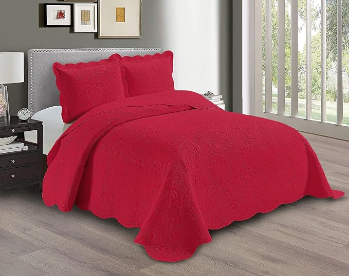 Linen Plus Embossed Coverlet Bedspread Set Oversized Solid Red Full/Queen Bed by Linen+Plus