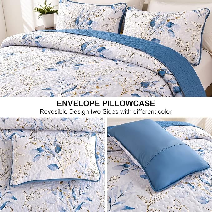 Anibedding Twin Quilt Set, 2 Pieces Blue Botanical Bedspread Bedding Set | Soft - Image 4