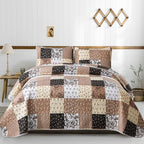 Mybedsoul Patchwork Quilt Set Queen Size, 3 Pieces Brown Floral Plaid Patchwork by Mybedsoul