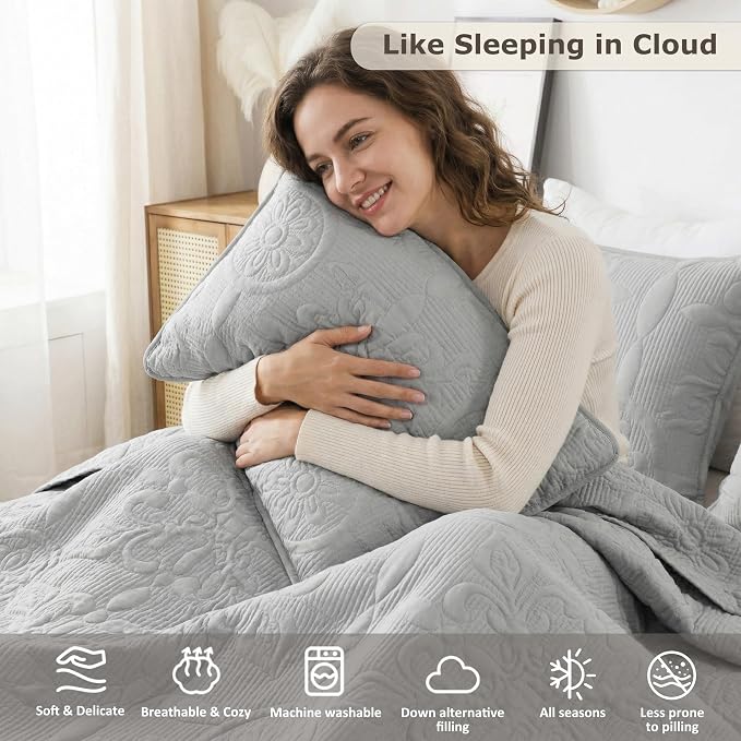 Light Grey Damask Quilt King Size Bedding Sets - Image 3