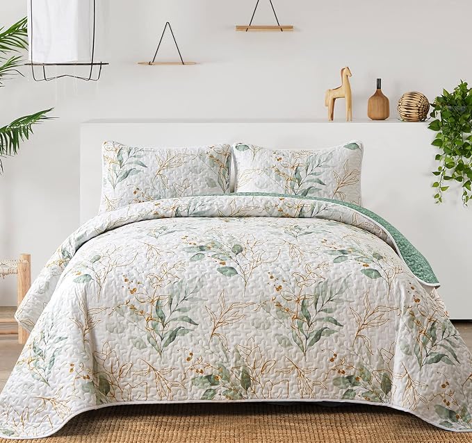 Anibedding Queen Quilt Bedding Set 3 Pieces Green Botanical Bedspreads | Soft by Anibedding