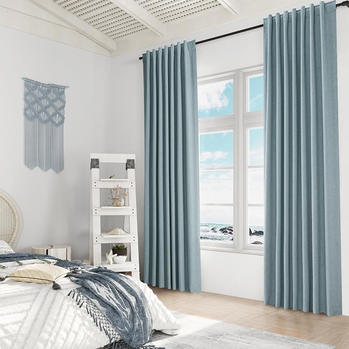 Blue 100% Blackout Linen Curtains 84 Inch Length 2 Panels Set - Image 8