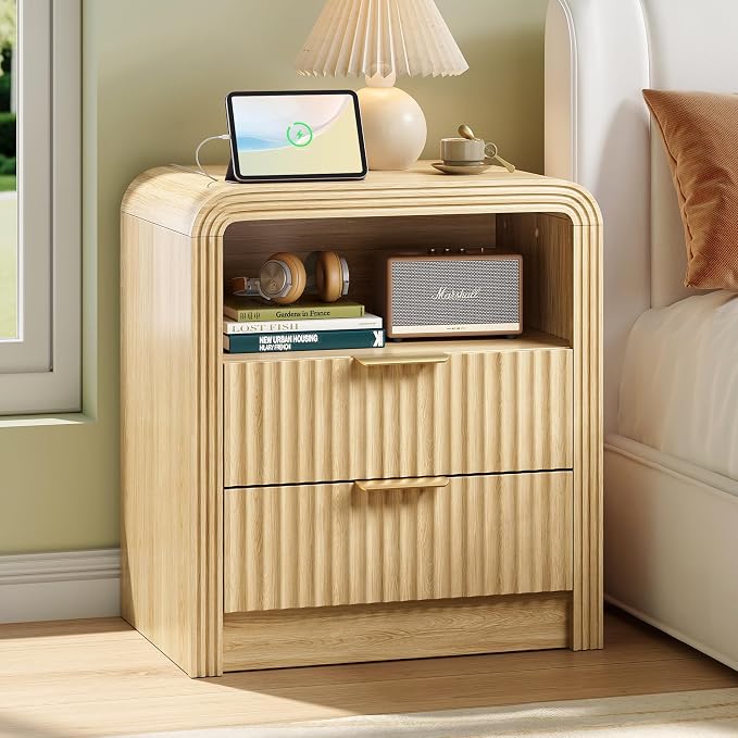 Decofy Fluted Nightstand with Charging Station, 19.7'' Wide Morden End Table by Decofy