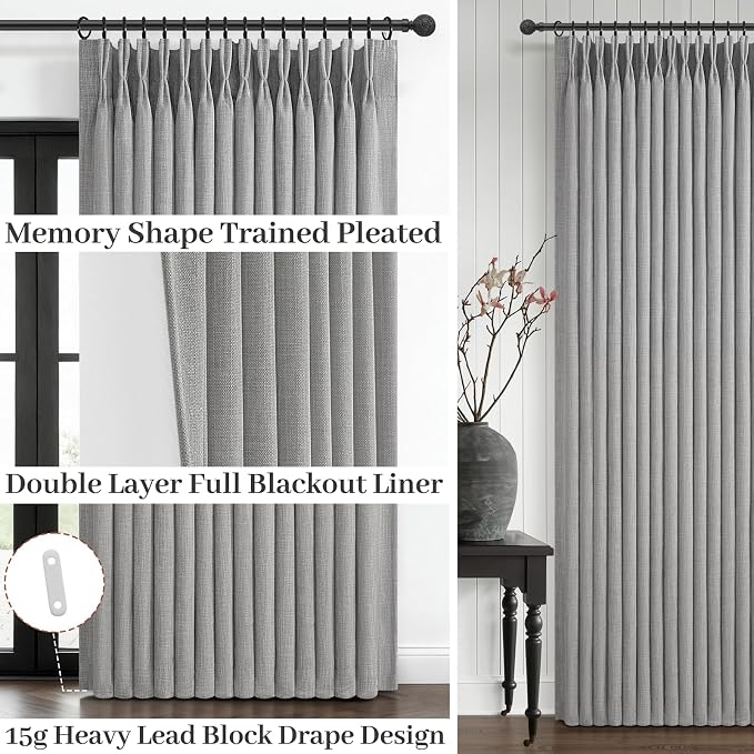 PleatedDrapes Light Grey Dual Layer Linen 92 Inch Office Curtains 2 Panels Set - Image 4