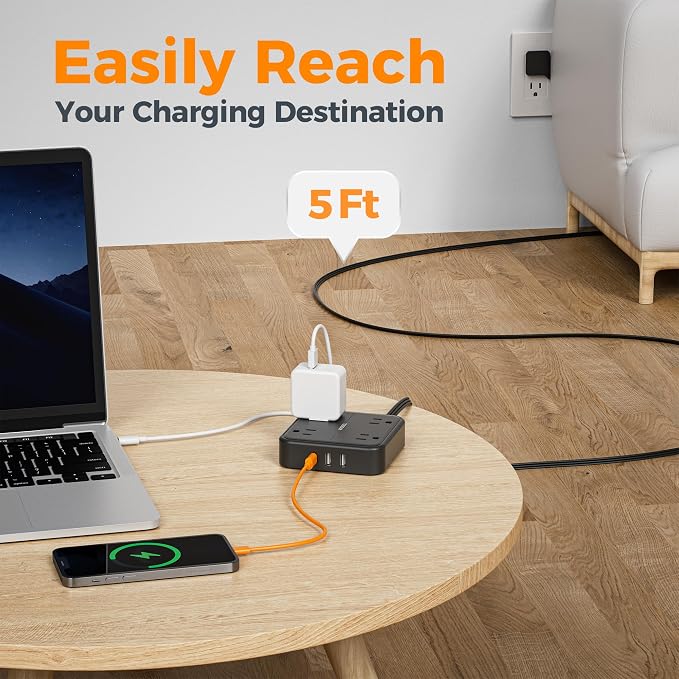 TESSAN Surge Protector Flat Extension Cord 5Ft, Flat Plug Power Strip | 4 - Image 5