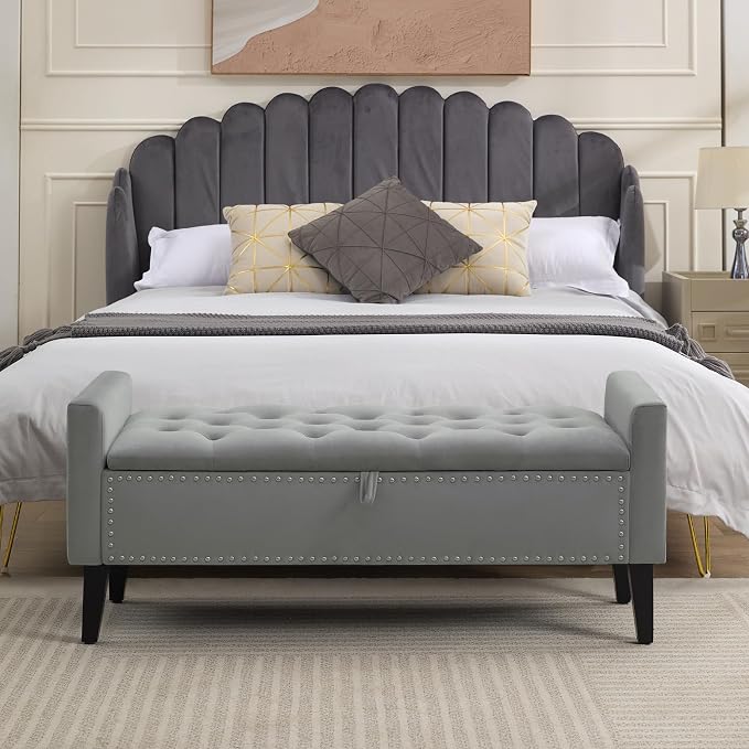 WUTUTUEE 47" Velvet Storage Bench, Upholstered Bed Bench - Image 7